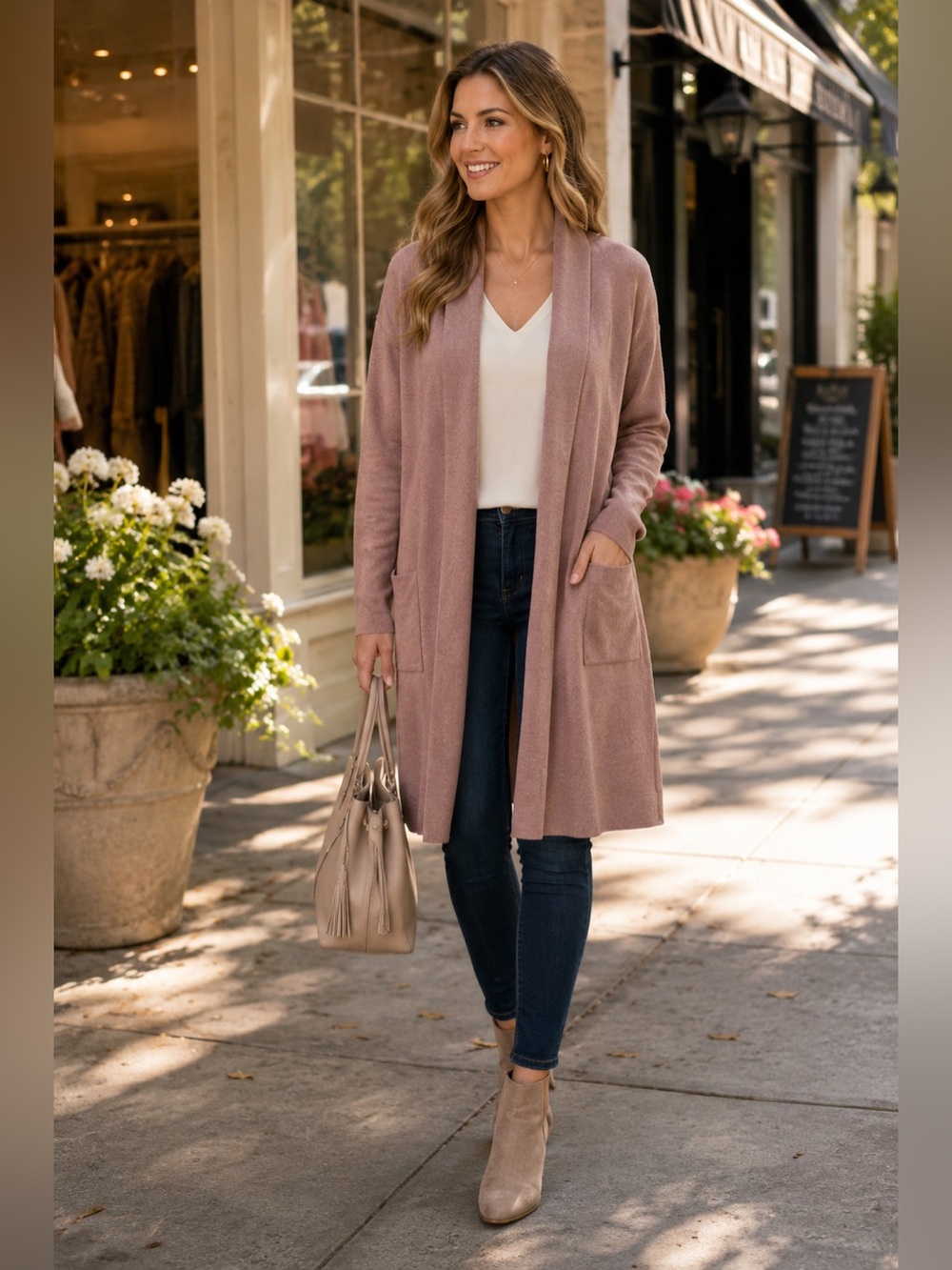 Max Sport Mauve Open Front Duster Cardigan Sweater NWT Pockets Size L
